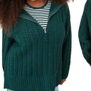 Aerie Cable Car Quarter Zip Sweater Chenille Cable Knit Oversized Forest Green